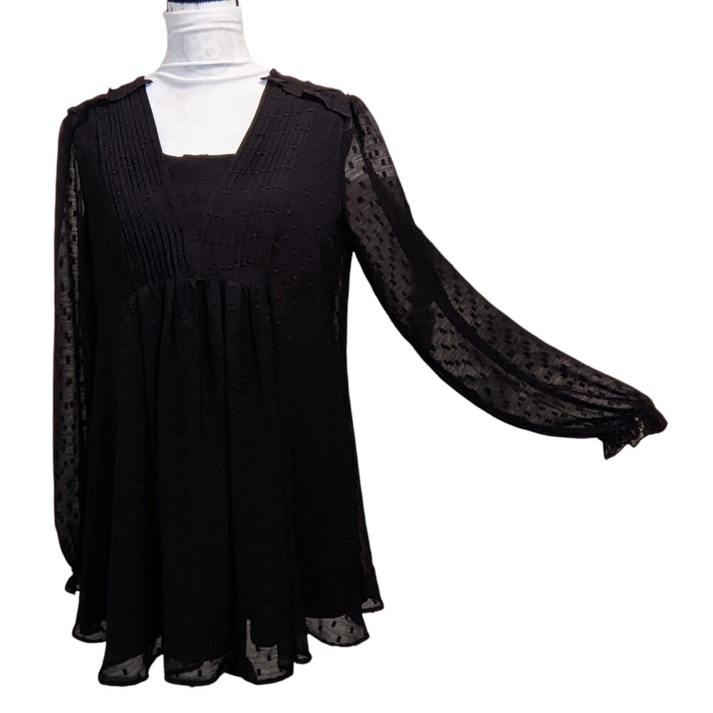 INDIGO SOUL Whimsigoth Black Babydoll Sheer Swiss Dot Ruffle Pleats Blouse Med